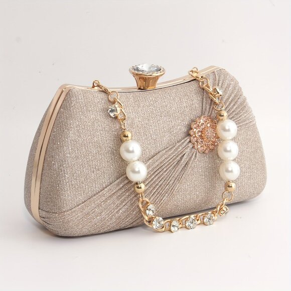 Champagne Pleated Badge Bag Shiny Rhinestone Pearl Bracelet Clutch Crossbody - Picture 1 of 7